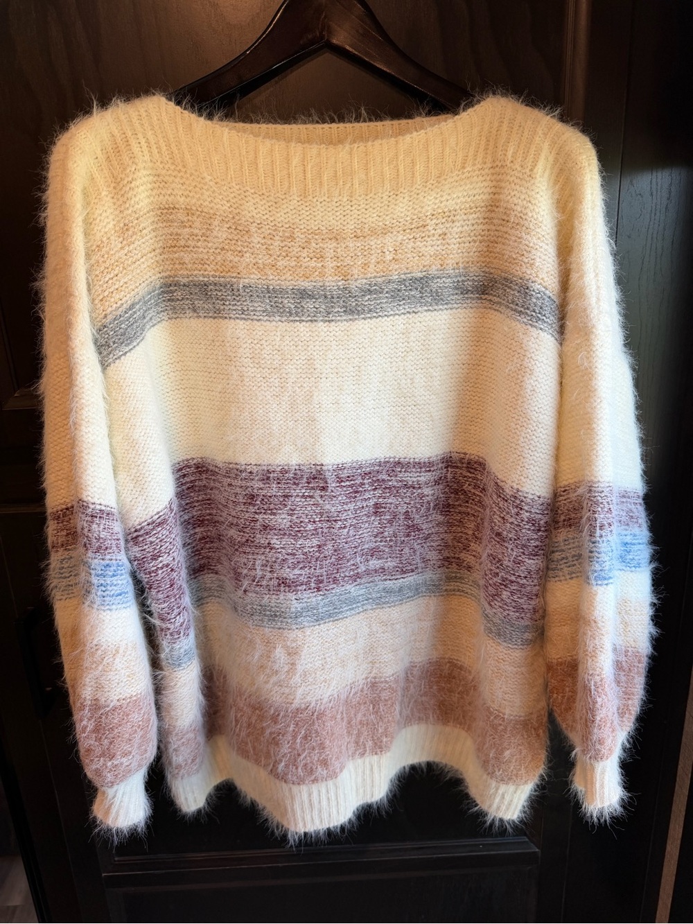 &MERCI Fuzzy Knit Striped Sweater M Oversized Cream Taupe Burgundy Blue